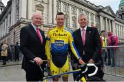 8 May 2014; Nicolas Roche, Tinkoff Saxo, Russia, with Peter Robinson, right, MLA First Minister Northern Ireland, and Martin McGuinness, Deputy First Minister Northern Ireland, during the team presentation at the Giro d'Italia opening cermony. City Hall, Belfast, Co. Antrim. Picture credit: Stephen McMahon / SPORTSFILE