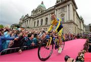 8 May 2014; Nicolas Roche, Tinkoff Saxo, Russia, is presented to the crowd during the team presentation at the Giro d'Italia opening cermony. City Hall, Belfast, Co. Antrim. Picture credit: Stephen McMahon / SPORTSFILE