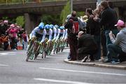9 May 2014; The Orica Greenedge team compete along the Norwich Road, Belfast, during stage 1 of the Giro d'Italia 2014. Belfast, Co. Antrim. Picture credit: Ramsey Cardy / SPORTSFILE