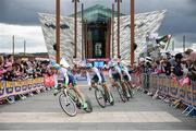 9 May 2014; Orica Greenedge compete in the Team Time Trial event at Titanic Quarter during stage 1 of the Giro d'Italia 2014. Belfast, Co. Antrim. Picture credit: Stephen McCarthy / SPORTSFILE