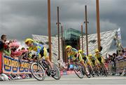 9 May 2014; Nicolas Roche, Tinkoff Saxo, leads his team out in the Team Time Trial event at Titanic Quarter during stage 1 of the Giro d'Italia 2014. Belfast, Co. Antrim. Picture credit: Stephen McCarthy / SPORTSFILE