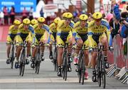 9 May 2014; Nicolas Roche, Tinkoff Saxo, leads his team in the Team Time Trial event at Titanic Quarter during stage 1 of the Giro d'Italia 2014. Belfast, Co. Antrim. Picture credit: Stephen McCarthy / SPORTSFILE