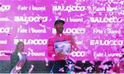 9 May 2014; Svein Tuft, Orica Greenedge, celebrates after being presented with the race leaders pink jersey after stage 1 in the Giro d'Italia 2014. Belfast, Co. Antrim. Picture credit: Stephen McMahon / SPORTSFILE