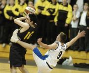 13 March 2006; Stephen McGill, Holycross Strabane, in action against Jackson Baker, St. Peter's Dunboyne. Schools League Basketball Finals, Boys U19C Final, St. Peter's Dunboyne v Holycross Strabane, National Basketball Arena, Tallaght, Dublin. Picture credit: Damien Eagers / SPORTSFILE