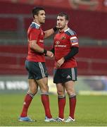 10 May 2014; Munster's JJ Hanrahan gets a pat on the back from team-mate Conor Murray after he missed a last minute penalty. Celtic League 2013/14, Round 22, Munster v Ulster, Thomond Park, Limerick. Picture credit: Diarmuid Greene / SPORTSFILE