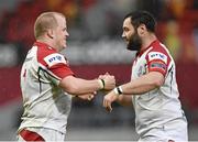 10 May 2014; Ulster's Callum Black, left, and Adam Macklin celebrate after defeating Munster. Celtic League 2013/14, Round 22, Munster v Ulster, Thomond Park, Limerick. Picture credit: Diarmuid Greene / SPORTSFILE
