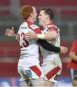 10 May 2014; Ulster's Peter Nelson, left, and Craig Gilroy celebrate after defeating Munster. Celtic League 2013/14, Round 22, Munster v Ulster, Thomond Park, Limerick. Picture credit: Diarmuid Greene / SPORTSFILE