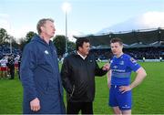 10 May 2014; MC Des Cahill speaking to Leinster players Leo Cullen and Brian O'Driscoll after the match, their last regular season home game before they retire from professional rugby. Celtic League 2013/14, Round 22, Leinster v Edinburgh, RDS, Ballsbridge, Dublin. Picture credit: Brendan Moran / SPORTSFILE