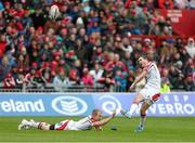 10 May 2014; James McKinney, Ulster, kicks a penalty assisted by team-mate Michael Heaney. Celtic League 2013/14, Round 22, Munster v Ulster, Thomond Park, Limerick. Picture credit: John Dickson / SPORTSFILE
