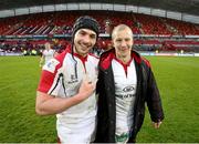 10 May 2014; Ulster's points scorers James McKinney and Michael Heaney celebrate after the game. Celtic League 2013/14, Round 22, Munster v Ulster, Thomond Park, Limerick. Picture credit: John Dickson / SPORTSFILE