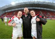 10 May 2014; Ulster players, left to right, Callum Black, Dan Tuohy and Rob Herring celebrate after the game. Celtic League 2013/14, Round 22, Munster v Ulster, Thomond Park, Limerick. Picture credit: John Dickson / SPORTSFILE