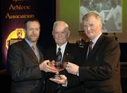 10 March 2006; Patsy Devlin, from Tyrone, is presented with his ' Hall of Fame' award by GAA President Sean Kelly and Frank Burke, Chairman of the National Referees’ Committee, right, at the National Referees' Awards Banquet. Croke Park, Dublin. Picture credit: Ray McManus / SPORTSFILE