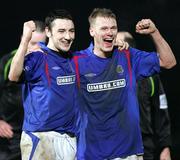 13 March 2006; Linfield's two goal scorers Michael Gault, left, and Peter Thompson celebrate at the end of the game. Setanta Cup, Group 2, Linfield v Shelbourne, Windsor Park, Belfast. Picture credit: Oliver McVeigh / SPORTSFILE