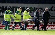 13 March 2006; Shelbourne's goalkeeper Dean Delaney is stretchered off during the game. Setanta Cup, Group 2, Linfield v Shelbourne, Windsor Park, Belfast. Picture credit: Oliver McVeigh / SPORTSFILE