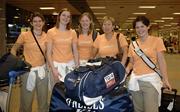 16 March 2006; Members of the O'Neills / TG4 Ladies All-Stars Tour 2006, l to r, Aoibheann Daly, Galway, Annette Clarke, Galway, Lisa Cohill, Galway, Geraldine Giles, President, Cumann Peil Gael na mBan and Liona Tector, Wexford, on their arrival at Singapore Airport in advance of the 2004 All Stars v 2005 All-Stars game in the Singapore Polo Club on Saturday the 18th. Picture credit: Ray McManus / SPORTSFILE