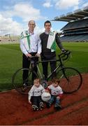 12 May 2014; Pictured at launch of The John Kelly ‘Road to Croker’ Charity Cycle with Nurney GAA and the Irish Kidney Association are Syl Merrins, left, Leinster GAA Treasurer and Mikey Conway, Kildare footballer, both from Nurney GAA, with children Caoimhe Murphy, aged 3, left, and Donnacha Shaughnessy, aged 2. Nurney GAA Club, Co. Kildare, in conjunction with The Irish Kidney Association has organised The John Kelly ‘Road to Croker' Charity Cycle with the event taking place on Sunday June 22nd. The 65 km cycle from Nurney to GAA Headquarters commemorates John Kelly one of the club’s outstanding members who passed away last August. All cycling enthusiasts are welcome to take part and the 'Club Challenge' section allows participants to not only support this worthy cause but also raise sponsorship for your club/organisation. To register or for further details contact Pauline on 086 6633402 or email roadtocroker2014@gmail.com. Croke Park, Dublin. Picture credit: Piaras Ó Mídheach / SPORTSFILE