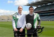 12 May 2014; Pictured at launch of The John Kelly ‘Road to Croker’ Charity Cycle with Nurney GAA and the Irish Kidney Association are Syl Merrins, left, Leinster GAA Treasurer and Mikey Conway, Kildare footballer, both from Nurney GAA. Nurney GAA Club, Co. Kildare, in conjunction with The Irish Kidney Association has organised The John Kelly ‘Road to Croker' Charity Cycle with the event taking place on Sunday June 22nd. The 65 km cycle from Nurney to GAA Headquarters commemorates John Kelly one of the club’s outstanding members who passed away last August. All cycling enthusiasts are welcome to take part and the 'Club Challenge' section allows participants to not only support this worthy cause but also raise sponsorship for your club/organisation. To register or for further details contact Pauline on 086 6633402 or email roadtocroker2014@gmail.com. Croke Park, Dublin. Picture credit: Piaras Ó Mídheach / SPORTSFILE
