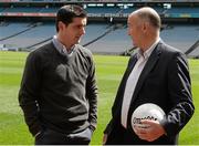 12 May 2014; Pictured at launch of The John Kelly ‘Road to Croker’ Charity Cycle with Nurney GAA and the Irish Kidney Association are Nurney and Kildare footballer Mikey Conway, left, with Dr David Hickey, team doctor for the Dublin Senior football team and Director of the National Kidney and Pancreas Transplant Programme. Nurney GAA Club, Co. Kildare, in conjunction with The Irish Kidney Association has organised The John Kelly ‘Road to Croker' Charity Cycle with the event taking place on Sunday June 22nd. The 65 km cycle from Nurney to GAA Headquarters commemorates John Kelly one of the club’s outstanding members who passed away last August. All cycling enthusiasts are welcome to take part and the 'Club Challenge' section allows participants to not only support this worthy cause but also raise sponsorship for your club/organisation. To register or for further details contact Pauline on 086 6633402 or email roadtocroker2014@gmail.com. Croke Park, Dublin. Picture credit: Piaras Ó Mídheach / SPORTSFILE