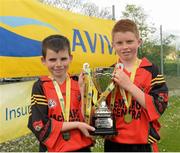 13 May 2014; Conor Mulligan and Joseph Hughes, joint captains from St Mary's NS, Castleblaney, Co. Monaghan,with the cup after winning the Boy's section B. Aviva Health FAI Primary School 5’s Ulster Finals, Ballyare, Donegal League HQ, Letterkenny, Co. Donegal. Picture credit: Oliver McVeigh / SPORTSFILE