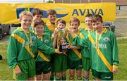 13 May 2014; St Josephs NS, Carrickmacross, Co. Monaghan, celebrate with the cup after winning the Boy's section 1. Aviva Health FAI Primary School 5’s Ulster Finals, Ballyare, Donegal League HQ, Letterkenny, Co. Donegal. Picture credit: Oliver McVeigh / SPORTSFILE