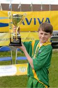 13 May 2014; Jamie Coleman, captain of St Josephs NS, Carrickmacross, Co. Monaghan, with the cup after winning the Boy's section 1. Aviva Health FAI Primary School 5’s Ulster Finals, Ballyare, Donegal League HQ, Letterkenny, Co. Donegal. Picture credit: Oliver McVeigh / SPORTSFILE