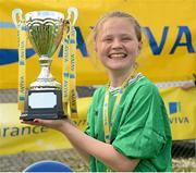 13 May 2014; Danielle Hynd, captain of Woodland NS, Letterkenny,  Co. Donegal, with the cup after winning the Girl's section 1. Aviva Health FAI Primary School 5’s Ulster Finals, Ballyare, Donegal League HQ, Letterkenny, Co. Donegal. Picture credit: Oliver McVeigh / SPORTSFILE