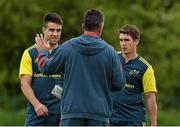 14 May 2014; Munster players Conor Murray, left, and Ian Keatley listen to head coach Rob Penney during squad training ahead of their side's Celtic League 2013/14 Play-off match against Glasgow Warriors on Friday. Munster Rugby Squad Training, Cork Institute of Technology, Bishopstown, Cork. Picture credit: Diarmuid Greene / SPORTSFILE