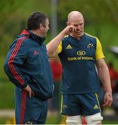 14 May 2014; Munster's Paul O'Connell and forwards coach Anthony Foley in conversation during squad training ahead of their side's Celtic League 2013/14 Play-off match against Glasgow Warriors on Friday. Munster Rugby Squad Training, Cork Institute of Technology, Bishopstown, Cork. Picture credit: Diarmuid Greene / SPORTSFILE