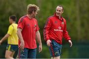 14 May 2014; Munster backs coach Simon Mannix, left, and skills coach Ian Costello in conversation during squad training ahead of their side's Celtic League 2013/14 Play-off match against Glasgow Warriors on Friday. Munster Rugby Squad Training, Cork Institute of Technology, Bishopstown, Cork. Picture credit: Diarmuid Greene / SPORTSFILE