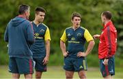 14 May 2014; Munster players Conor Murray, left, and Ian Keatley listen to skills coach Ian Costello, right, and head coach Rob Penney, left, during squad training ahead of their side's Celtic League 2013/14 Play-off match against Glasgow Warriors on Friday. Munster Rugby Squad Training, Cork Institute of Technology, Bishopstown, Cork. Picture credit: Diarmuid Greene / SPORTSFILE