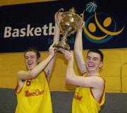 14 March 2006; Darren O'Moore, left, and Michael Chubb, St. Fintan's, lift the cup. Schools League Basketball Finals, Boys U19A Final, St. Fintan's v Colaiste Eanna, National Basketball Arena, Tallaght, Dublin. Picture credit: Pat Murphy / SPORTSFILE