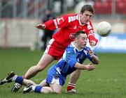 19 March 2006; Stephen Gollogly, Monaghan, is tackled by Dermot Carlin, Tyrone. Allianz National Football League, Division 1A, Round 5, Tyrone v Monaghan, Healy Park, Omagh, Co. Tyrone. Picture credit: Oliver McVeigh / SPORTSFILE