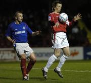 20 March 2006; Bobby Ryan, Shelbourne, in action against Aian O'Kane, Linfield. Setanta Cup, Group 2, Shelbourne v Linfield, Tolka Park, Dublin. Picture credit: David Maher / SPORTSFILE
