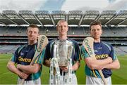 15 May 2014; The Brightest Stars of hurling came together in Croke Park today to mark Centra’s fifth year as official sponsor of the GAA Hurling All-Ireland Senior Championship. The talented trio of Henry Shefflin, Patrick Horgan and Padraic Maher were all on hand as Centra announced their community hurling events will be taking place in stadiums and clubs the length and breadth of the country this summer. Centra will also be on the hunt for Ireland’s Brightest Young Star to get the views and opinions of today’s young players and the child with the brightest answers will be crowned Centra’s Brightest Young Star! For more information on the community events go to www.centra.ie or find Centra Ireland on Facebook and Twitter. At the Centra announcement in Croke Park are Cork hurler Patrick Horgan, left, Kilkenny hurler Henry Shefflin and Tipperary hurler Padraic Maher, right. Picture credit: Stephen McCarthy / SPORTSFILE