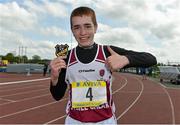 15 May 2014; Darren Costello, Colaiste Baile Chlair, Claregalway, Co. Galway, with his winners badge after he won the Minor Boys 200m race during the Aviva Connacht Schools Track and Field Championships. Athlone Institute of Technology International Arena, Athlone, Co. Westmeath. Picture credit: Diarmuid Greene / SPORTSFILE