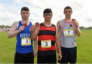 15 May 2014; Senior Boys Shot Putt medal winnners, from left to right, third place Evan Campbell, St Joseph's Patrician College, Nun's Island, Galway, first place Andreeas Binder, St Mary's College, Galway, and second place Keith Beirne, Mohill Community College, Co. Leitrim, after competing at the Aviva Connacht Schools Track and Field Championships. Athlone Institute of Technology International Arena, Athlone, Co. Westmeath. Picture credit: Diarmuid Greene / SPORTSFILE