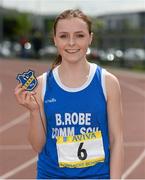 15 May 2014; Sarah Quinn, Ballinrobe Community School, Co. Mayo, with her first place badge after winning the Intermediate Girls 300m hurdles at the Aviva Connacht Schools Track and Field Championships. Athlone Institute of Technology International Arena, Athlone, Co. Westmeath. Picture credit: Diarmuid Greene / SPORTSFILE