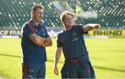 16 May 2014; Munster head coach Rob Penney, left, and backs coach Simon Mannix in conversation before the game. Celtic League 2013/14 Play-off, Glasgow Warriors v Munster, Scotstoun Stadium, Glasgow, Scotland. Picture credit: Diarmuid Greene / SPORTSFILE