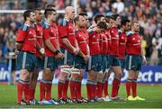 16 May 2014; The Munster team stand for a minute's silence in honour of former Scottish international rugby player Hugh McLeod. Celtic League 2013/14 Play-off, Glasgow Warriors v Munster, Scotstoun Stadium, Glasgow, Scotland. Picture credit: Diarmuid Greene / SPORTSFILE