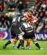 16 May 2014; Simon Zebo, Munster, is tackled by Dougie Hall, left and Chris Fusaro, Glasgow Warriors. Celtic League 2013/14 Play-off, Glasgow Warriors v Munster, Scotstoun Stadium, Glasgow, Scotland. Picture credit: Diarmuid Greene / SPORTSFILE