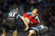16 May 2014; BJ Botha, Munster, is tackled by Mark Bennett, left, and Rob Harley, Glasgow Warriors. Celtic League 2013/14 Play-off, Glasgow Warriors v Munster, Scotstoun Stadium, Glasgow, Scotland. Picture credit: Diarmuid Greene / SPORTSFILE