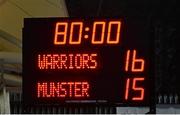 16 May 2014; A general view of the final score on the scoreboard after the game. Celtic League 2013/14 Play-off, Glasgow Warriors v Munster, Scotstoun Stadium, Glasgow, Scotland. Picture credit: Diarmuid Greene / SPORTSFILE