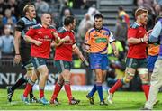 16 May 2014; Munster captain Damien Varley speaks to Referee Marius Mitrea as they leave the pitch at half time. Celtic League 2013/14 Play-off, Glasgow Warriors v Munster, Scotstoun Stadium, Glasgow, Scotland. Picture credit: Diarmuid Greene / SPORTSFILE