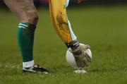12 March 2006; Fermanagh goalkeeper Chrisopher Breen, places the ball on the kicking tee. Allianz National Football League, Division 1A, Round 4, Mayo v Fermanagh, McHale Park, Castlebar, Co. Mayo. Picture credit: David Maher / SPORTSFILE