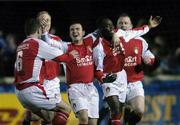 24 March 2006; Mark Rutherford, second from right, St. Patrick's Athletic, celebrates after scoring his side's first goal with team-mates left to right, Dave Mulcahy, Michael Foley, and Trevor Molloy. eircom League, Premier Division, St. Patrick's Athletic v Shelbourne, Richmond Park, Dublin. Picture credit: David Maher / SPORTSFILE