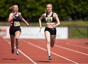 17 May 2014; Niamh McNichol, right, from Stella Maris Secondary School, Tramore, Co. Waterford, on her way to winning the Senior Girl's 200m from eventual second place finisher Roisin Harrison, from Villiers Secondary School, Limerick, at the Aviva Munster Schools Track and Field Championships. Cork IT, Bishopstown, Cork. Picture credit: Matt Browne / SPORTSFILE
