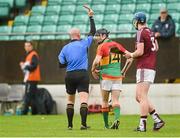 18 May 2014; Carlow's Sean Murphy leaves the field as referee John Keenan shows him the red card. GAA All-Ireland Senior Hurling Championship Qualifier Group - Round 4, Carlow v Westmeath. Dr. Cullen Park, Carlow. Picture credit: Pat Murphy / SPORTSFILE