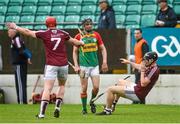 18 May 2014; Westmeath's Aaron Craig falls to the ground after an altercation which resulted in Carlow's Sean Murphy being shown a red card. GAA All-Ireland Senior Hurling Championship Qualifier Group - Round 4, Carlow v Westmeath. Dr. Cullen Park, Carlow. Picture credit: Pat Murphy / SPORTSFILE