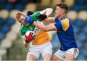18 May 2014; Niall Geraghty, Offaly, in action against John Keegan, Longford. Leinster GAA Football Senior Championship Round 1, Longford v Offaly, Pearse Park, Longford. Photo by Sportsfile