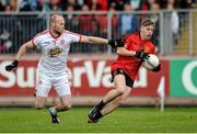 18 May 2014; Jerome Johnston, Down, in action against Danny McBride, Tyrone. Ulster GAA Football Senior Championship Preliminary Round, Tyrone v Down, Healy Park, Omagh, Co. Tyrone. Picture credit: Oliver McVeigh / SPORTSFILE